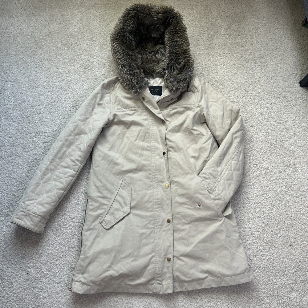 Zara Faux Fur Trim Hooded Parka Coat Beige Tan Removable Liner XS Cozy Gorpcore